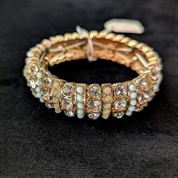 Gold White Rhinestone Beaded Bracelet Bangle Stretchable Adjustable Boho Preppy - Picture 3 of 7